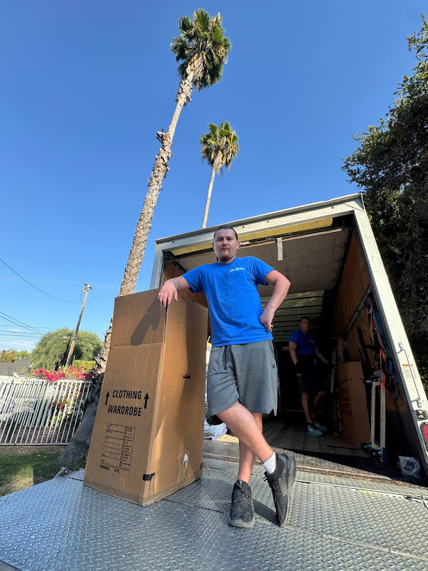 Mover with wardrobe box under LA palm trees