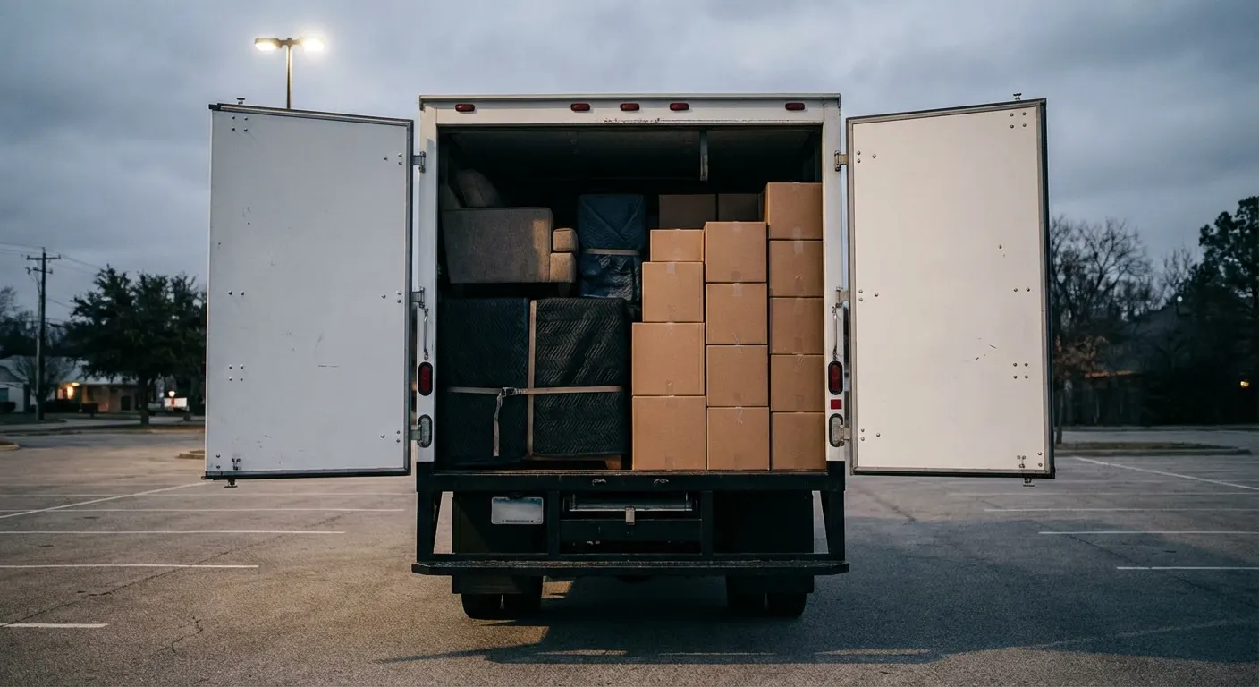 Moving truck rear view with open doors, packed boxes and furniture inside